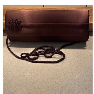 La Regale Chocolate Brown Satin Evening Clutch Bag Braided Strap Knotted Detail